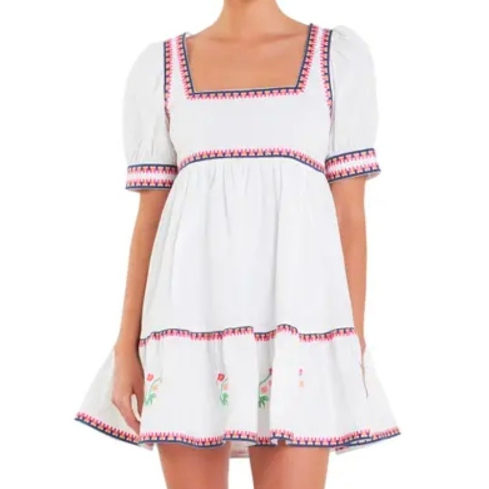English Factory White Embroidered Mini Dress Puff Sleeve Square Neck Medium - Picture 2 of 9